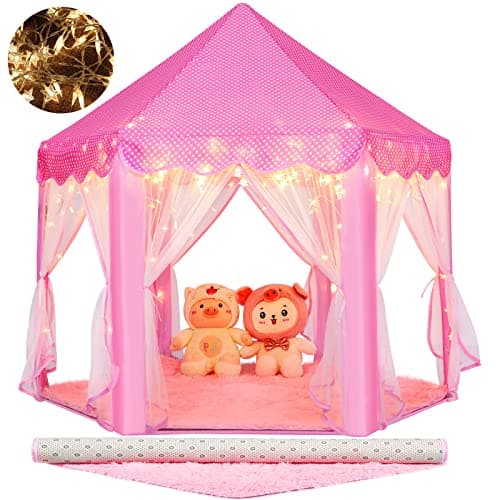 Monobeach Princess Tent Girls Large Playhouse Kids Castle Play Tent with Star Lights Toy for Children Indoor and Outdoor Games, 55'' x 53'' (DxH) (Pink Princess with Play Mat) - Image 1