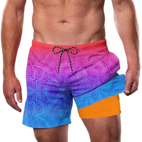 Cozople Mens Swim Trunks with Compression Liner 5.5" Bathing Suit 2 in 1 Anti Chafing Purple Gradient Beach Board Short Swimwear Swimsuit with Boxer Brief L Beach Play Sandcastle Building Wave Wading - Image 1