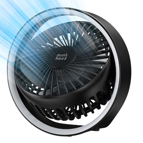 Minthouz Portable Desk Fan 180° Rotation USB Rechargeable Battery Operated Silent Hanging Hook 1800mAh 3 Speed 3 Light Mini Fan for Home Office Outdoor Black - Image 1