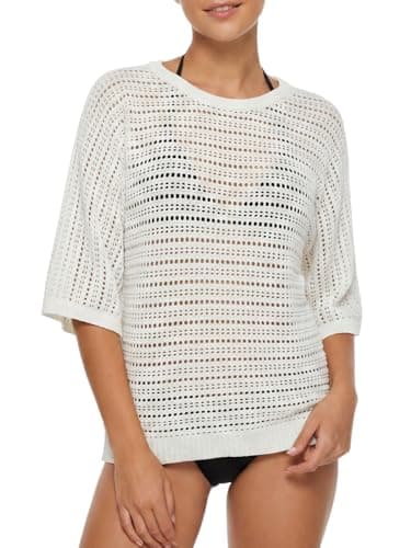 Winnim Bathing Suit Beach Cover Up Crochet Tops for Women Openwork Half Sleeve Sweater Waffle Hollow Out Knit Shirt White Large - Image 1