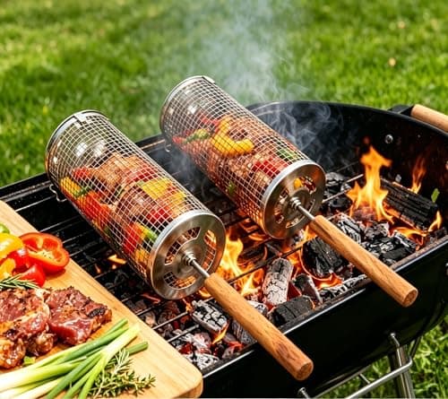 Rolling Grilling Basket for Outdoor Grilling,9-Piece Stainless Steel BBQ Accessories Set,Perfect Gifts for Men Dad Husband,Portable Camping Nesting Grill Baskets for Fish, Shrimp, Meat, Vegetables - Image 1