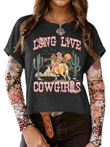 TAKEYAL Womens Western Tops Cowgirl Grahpic Tshirts Cute Vintage Summer T Shirts with Roll-Up Cuff Sleeves 2026 Black a - Image 1