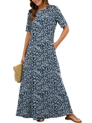 KORSIS Women's Maxi Dresses Mid Sleeve Flowy Summer Fall Winter T-Shirt Cocktail Long Dress Loose Fit Layering Sundress with Pockets Navy Blue Vertical Floral Large - Image 1