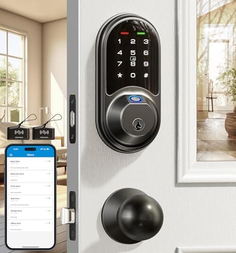 Veise RZ07C Smart Locks for Front Door, 2 Knob Handle Set, Fingerprint Keyless Entry, App Control Biometric Lock, Electronic Digital Touchscreen Keypad Deadbolt, Easy Install, Auto Lock, Matte Black - Image 1