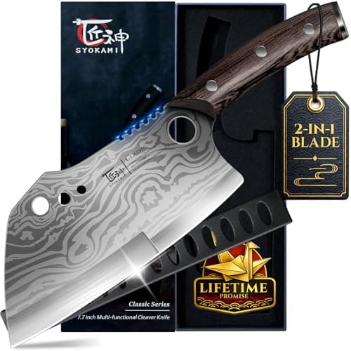 SYOKAMI Meat Cleaver Chef Knife with Sheath, 7.7 Inch Butcher Knife with Herb Stripper, Chopping Knife Heavy Duty Bone Cutting, Damascus Pattern Full Tang Wood Handle, Birthday Gift for Men - Image 1