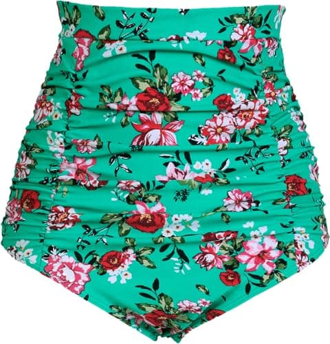 COCOPEAR Women's Ruched High Waisted Bikini Bottom Retro Vintage Swim Short Tankinis Floral 40 3XL - Image 1