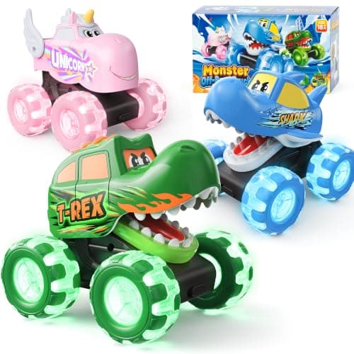 Cozycharm 3 Pack Monster Truck Toys for Toddlers, Light Up Animal Monster Trucks with Big Wheels, Friction Powered Toy Cars, Shark Dinosaur Unicorn Trucks for Boys and Girls Ages 18 Months and Up - Image 1