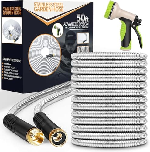 Garden Hose 50 ft, Stainless Steel Water Hose with 10 Function Nozzle Flexible, Heavy Duty, Lightweight, No-Kink, Pet Proof, Puncture Proof Hose Metal for Yard, Outdoor - Image 1