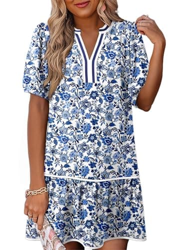 Dokotoo Womens Dresses Short Sleeve V Neck Wedding Guest Dress Boho Floral Beach Vacation Pockets Clothes 2026 Spring Summer Fashion Color Block Flowy Short Mini Dress Sky Blue - Image 1