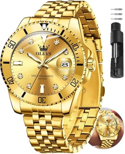 OLEVS Gold Watches for Men Luxury Business Gold Stainless Steel Men Watch with Calendar Classic 30M Waterproof Elegant Diamond Watch for Men Ideal for Daily Life Romantic Anniversary Present - Image 1