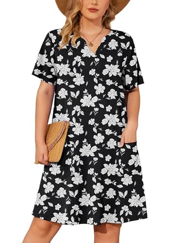 AusLook Plus Size Midi Dress for Women V Neck Short Sleeve Summer Casual Loose Fit Vacation 2X Sundress with Pockets - Image 1