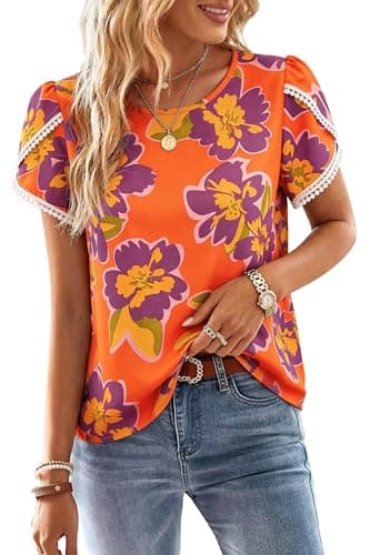 PRETTYGARDEN Womens Spring Tops 2026 Casual Crewneck Lace Crochet Short Sleeve Shirts Floral Boho Blouse Loose Tunic Top(Orange Purple Flower,X-Small) - Image 1