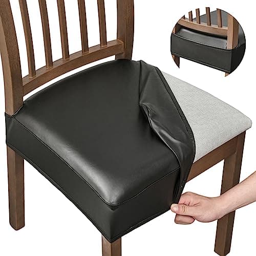 NILUOH Waterproof Seat Covers for Dining Room Chairs Set of 4, Pu Leather Chair Seat Slipcovers Removable Washable Chair Protctor Cover, Chair Slipcover for Family Dogs & Cats, Rear Covers (PU-Black)