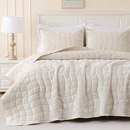 DOWNCOOL Velvet Quilt Set King Size, 3 Pieces Soft Lightweight Quilted Velvet Bedspread Coverlet Bedding with 2 Pillow Shams for All Season, Cream White - Image 1