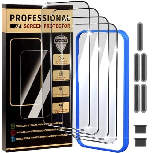 jpyyw 4 Pack for iPhone 14 Screen Protector, Military-Grade Shatterproof, 9H Hardness, Full Coverage Tempered Glass for iPhone 14-6.1 inch with Install Frame - Image 1