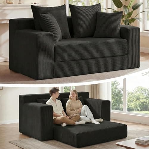 3-in-1 Convertible Sofa Bed: Boneless Loveseat Sleeper & Folding Couch Bed with 4 Pillows & Detachable Cushion for Bedroom, Small Space, Guest and Living Room, Corduroy Futon, No Assembly,Black - Image 1