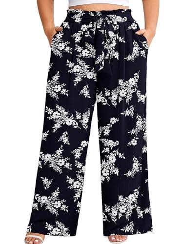 AusLook Plus Size Wide Leg Pants for Women High Waist Elastic Drawstring Palazzo Casual Lounge Beach Travel Vacation Resort White Flower Navy 2X Pants with Pockets Flowy Summer Comfy Outfit - Image 1