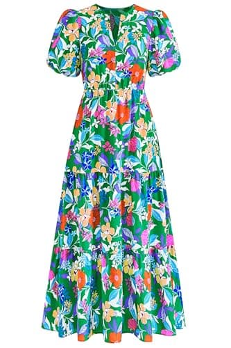 dowerme Womens Summer Dresses 2026 Casual Puff Short Sleeve V Neck Floral Boho Tiered Ruffle Maxi Dress with Pockets(Green Orange Flower,Medium) - Image 1