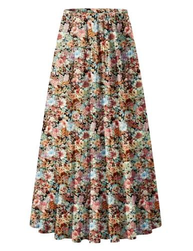 Zeagoo Womens Skirts Elastic High Waist Pleated A-Line Flared Tiered Maxi Skirts with Pockets Coffee Floral S - Image 1