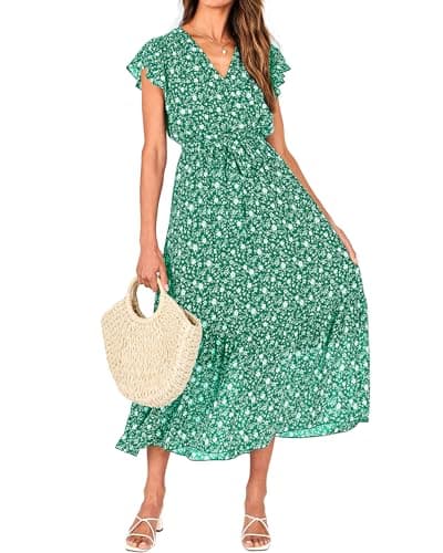 BTFBM Women Summer Bohemian Floral Casual Wrap V Neck Ruffle Cap Sleeveless Belt A-Line Pleated Hem Swing Midi Sun Dress (Floral White Green, Large) - Image 1