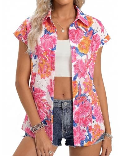 GRACE KARIN Floral Eyelet Spring Summer Tops for Women,2026 V Neck Dressy Casual Shirts,Boho Button Down Short Sleeve Blouses Rose Red L - Image 1