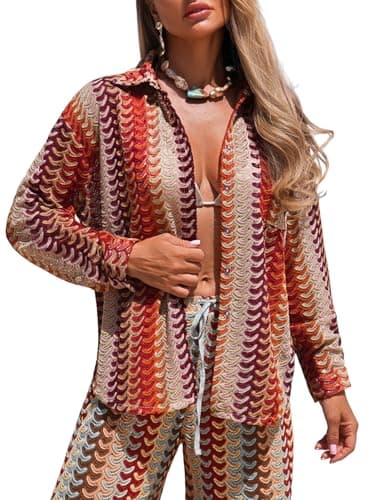 ZAFUL Womens Beach Cover Up Summer Lightweight Cardigans Crochet Boho Swimsuit Cover Up Long Sleeve Cardigans Beach Wear Red M - Image 1