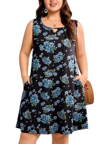 AusLook Plus Size Floral Midi Dress for Women Sleeveless Casual A Line Swing 3X Dress with Pockets Keyhole Neck Summer Beach Vacation Travel Dress - Image 1