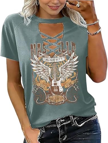 Nashville Music City T-Shirt Cross-Over Perforated T-Shirt Country Music with Retro Guitar Wings Pattern V-Neck T-Shirt(Green1,L) - Image 1