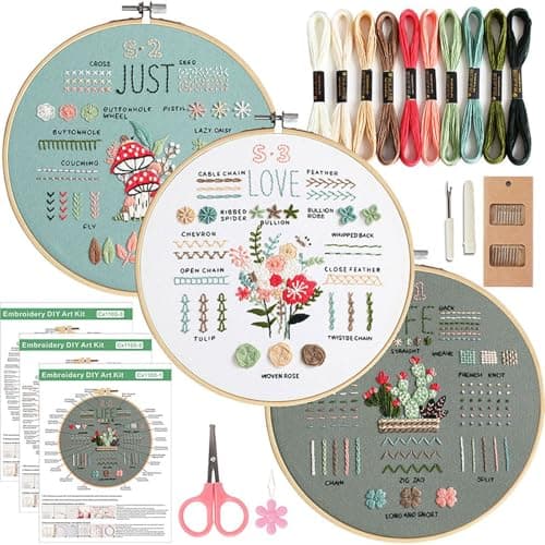 FEIYUENO 3 Sets Just-Love-Life Plant Beginner Embroidery Kit for Adults - Image 1