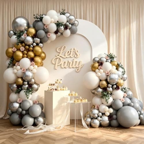 Silver Grey Balloon Garland Arch Kit 143Pcs Sand White Grey Metallic Silver Gold Latex Balloons for Bridal Shower Anniversary Engagement Wedding Birthday Party Decorations - Image 1