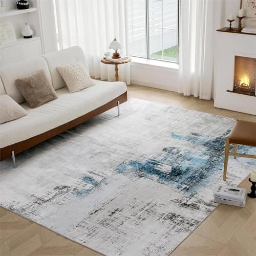 Auemtyn 8x10 Washable Area Rug - Modern Abstract Soft Thin Non-Slip Indoor Floor Carpet for Living Room Bedroom Dining Nursery Farmhouse - White Navy Blue - Image 1