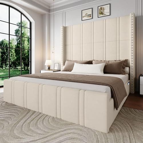 Uteeran King Size Bed Frame with 65.75" Tall Headboard, Luxury Velvet Upholstered Platform Bed with Storage Pockets, Wide Wingback Design, Noise-Free, Easy Assembly, No Box Spring Needed, Beige - Image 1