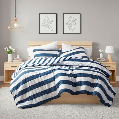Regency Heights Reversible Striped King Comforter Set, Soft Microfiber Bedding Set with Double-Sided Stripes Design, Warm & Cozy for All-Seasons, 3-Piece Comforter and Shams Set King Size, Navy - Image 1