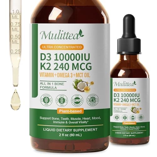 2 Pack Organic Vitamin D3 K2 Liquid 10000 IU w/ Vegan Omega-3 & Coconut MCT Oil - Maximum Strength Vitamin D Supplement, No Fillers, Non-GMO K2 as MK7 for Bones, Muscles & High Absorption-2 Fl Oz - Image 1