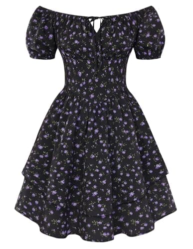 Scarlet Darkness Floral Corset Dress Summer Dresses for Women Girls 2026 Short Milkmaid Sundress with Pocket Black and Purple Floral XL - Image 1