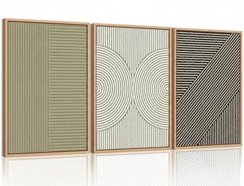3Pcs Large Framed Abstract Line Wall Art, Modern Boho Texture Canvas Prints, Neutral Minimalist Geometric Painting Pictures UV Printing Artwork for Hallway Office Living Room Wall Decor 24x36in - Image 1