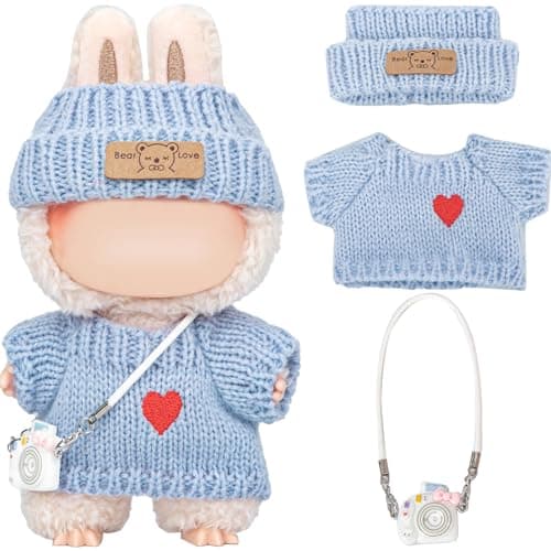 Vintay Handmade Blue Knit Doll Clothes for Labubu 17cm – Cute Sweater + Hat + Camera (3-Piece), Machine Washable Soft Yarn, Gift Box Ready, Stylish Doll Outfits for Photography (No Doll) - Image 1