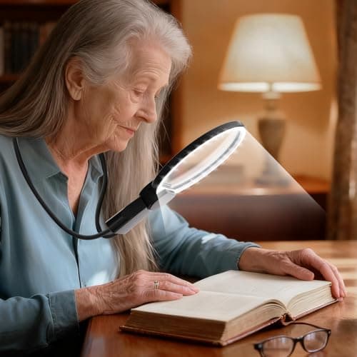 VOCOMAXA Hands Free Magnifying Glass with Light for Reading, 5.5 Inch Large Lens (3X & 5X), USB Rechargeable Neck-Worn & Handheld Magnifier with 24 LEDs, Ideal Gift for Seniors, Sewing, Jewelry - Image 1