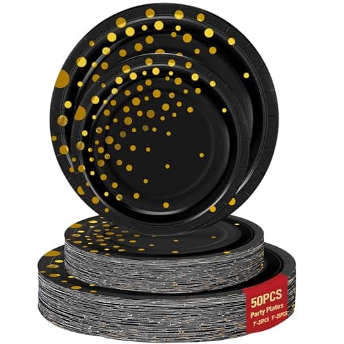 50 Black Gold Paper Plates for Party Set Includes 25-9" & 25-7" Thickened Gold Dot Disposable Plates, Birthday Cake Dessert Plates for Party Supplies&Decoration, Ideal for Birthday,Wedding,Baby Shower - Image 1