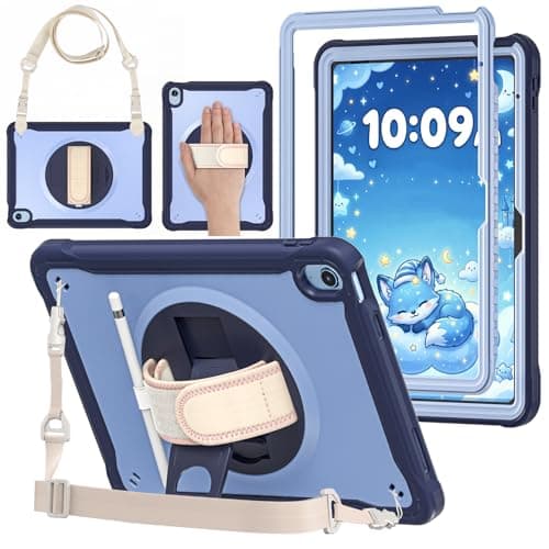 ProCase Kids Case for iPad A16 11th Gen 11" 2025/iPad 10th Gen 10.9" 2022 with Screen Protector, Fully-Body Shockproof Rugged Protective Cover with Rotatale Stand Hand/Shoulder Strap -Navy