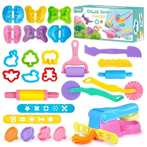 VConejo Dough Tools Set for Kids, 26pcs Dough and Clay Accessories with Stamps, Animal Cutters, Rollers, Extruder, Dinosaur Play Molds, Educational Toys for Boys Girls - Image 1