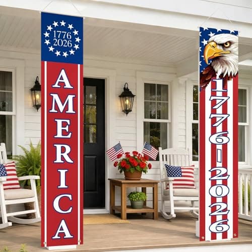 4th of July Decorations Outdoor, Patriotic Porch Banner for Front Door, American Flag Independence Day Decor, USA 250th Anniversary Banner 1776-2026 Hanging Porch Signs, 2 Pack - Image 1