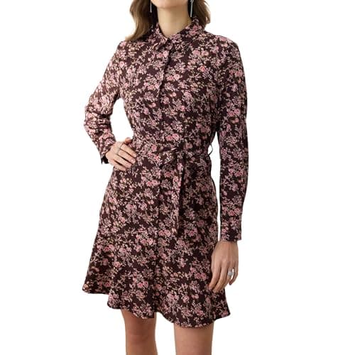 Ystguic Women Collar Business Button Up Shirt Dress with Tie Waist Belt for Ladies Casual Work Office Elegant Plain Dresses Large YG012 Coffee and Pink Floral L - Image 1