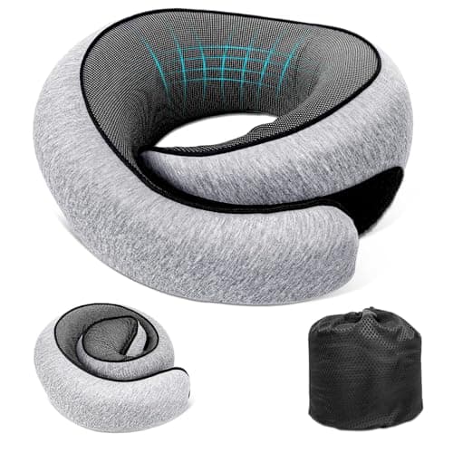 Travel Neck Pillow for Airplane, Memory Foam Neck Pillow with 360° Support, Adjustable Velcro, Breathable Washable Cover, Compact and Packable for Long Flights, Car, Train & Office,(Light Grey) - Image 1