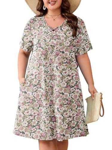 AusLook Plus Size Midi Dress for Women Floral Pink 4X Short Sleeve V Neck Criss Cross A Line Summer Casual Vacation Dress T-Shirt 2026 Sundresses with Pockets - Image 1