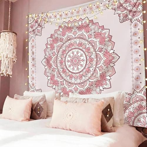 Atrippy Boho Pink Mandala Wall Tapestry for Bedroom, White and Pink Aesthetic Tapestry Room Decor for Teen Girls, Art Floral Wall Hanging for College Dorm (51''x60'') - Image 1