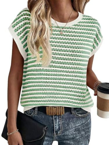 Saodimallsu Womens Short Sleeve Sweater Summer Striped Crochet Tops Casual Cap Sleeve Crewneck Knit Sweater Vest T-Shirts - Image 1