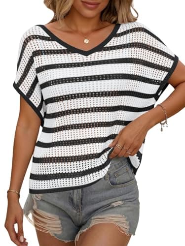 Yousify Womens Summer Crochet Tops Cap Sleeve Knit Pullover Sweater Vest V Neck Cover Ups Beach Vacation Clothes Black - Image 1