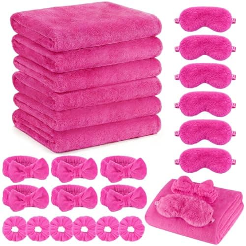Nyxuso Sleepover Party Supplies for Girls, Spa Slumber Favor with Blanket Headband Eye Mask Hair Scrunchies(Rose 24Pcs)