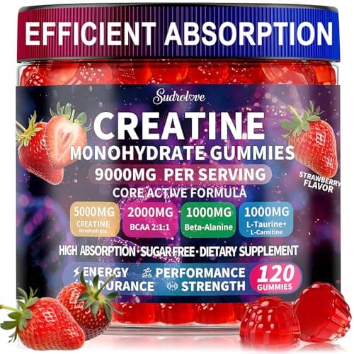 sudrolove Creatine Monohydrate Gummies with BCAA, Beta-Alanine, L-Taurine, L-Carnitine, Vitamins B6 & B12, Raspberry Flavor, Pre Workout Chewable Supplement for Men & Women, 120 Count, Strawberry - Image 1